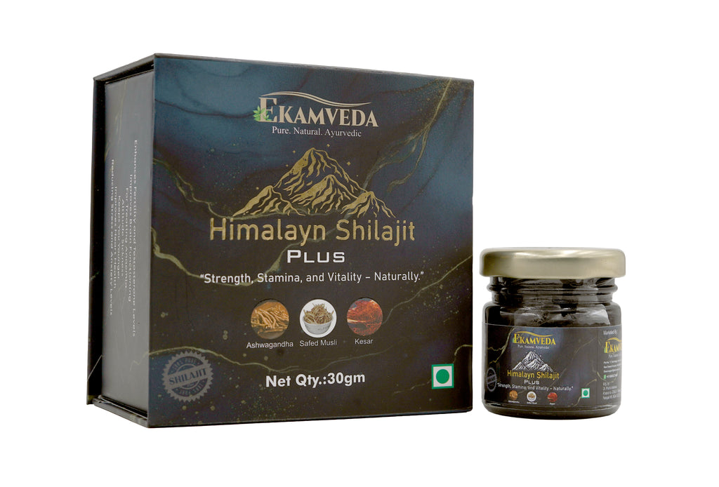 Shilajit/Shilajeet Plus Resin - 30gm | 500mg/Serving | 60 Servings | Above 75% Fulvic Acid | Boost Muscle Growth & Stamina | Contains Ashwagandha/Safed Musli/Kesar | 100% Ayurvedic