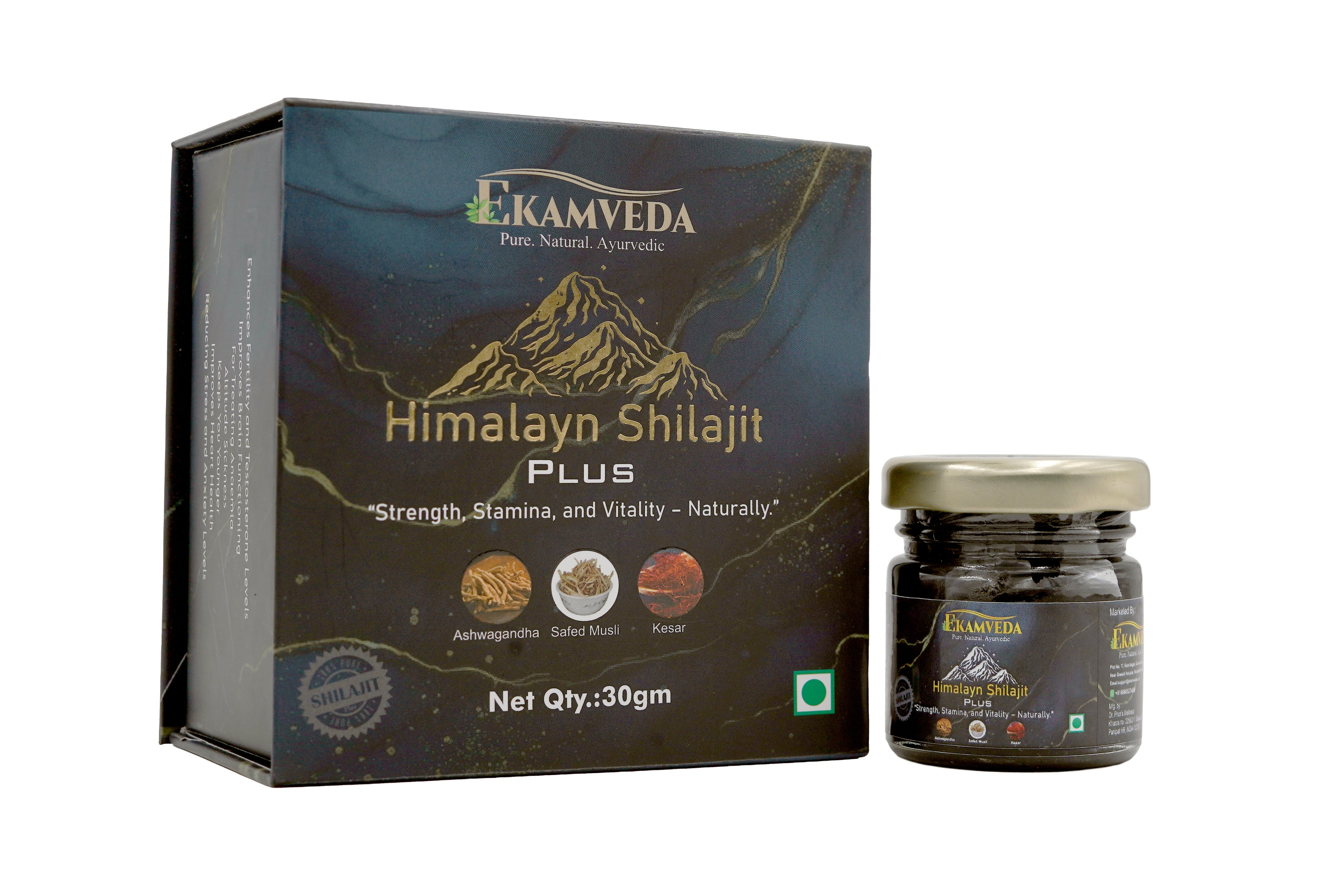 Shilajit/Shilajeet Plus Resin - 30gm | 500mg/Serving | 60 Servings | Above 75% Fulvic Acid | Boost Muscle Growth & Stamina | Contains Ashwagandha/Safed Musli/Kesar | 100% Ayurvedic