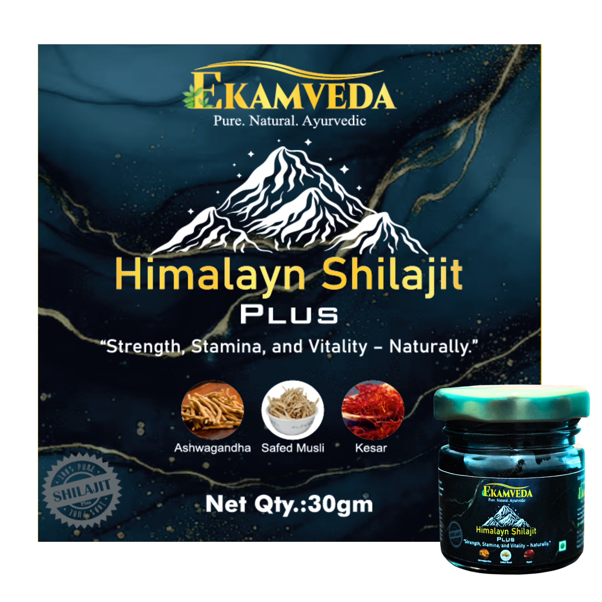 Shilajit/Shilajeet Plus Resin - 30gm | 500mg/Serving | 60 Servings | Above 75% Fulvic Acid | Boost Muscle Growth & Stamina | Contains Ashwagandha/Safed Musli/Kesar | 100% Ayurvedic